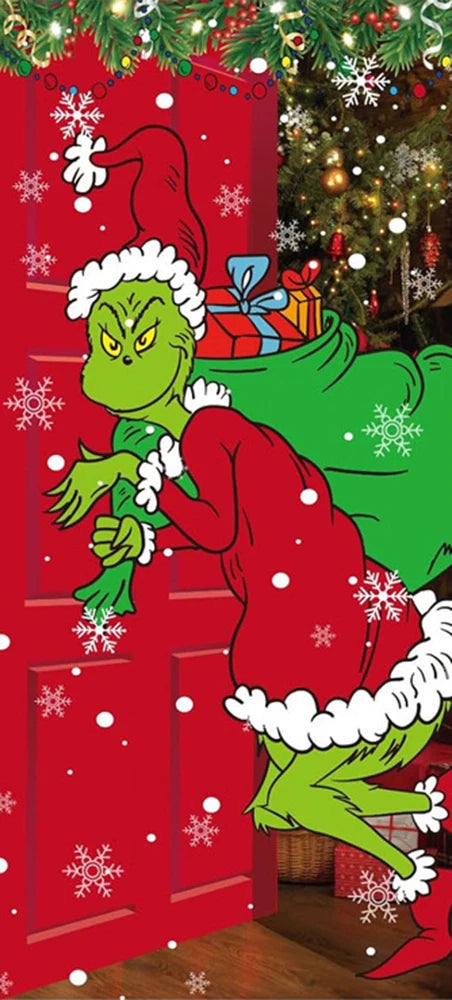Christmas Green Haired Monster Door Cover Background Cloth Banner Christmas Party Scene Decoration Door Cover