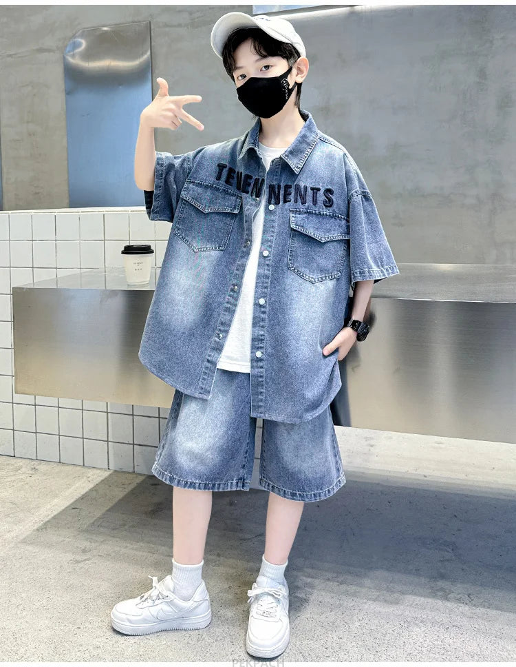 Boys Denim Suit Summer Clothes New Children's Short Sleeve Shirt + Shorts Sports Korean Tracksuit Sets Kids Luxury Clothing Suit