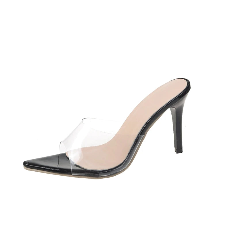 Trendy Sexy Heeled Ladies Pointed Open Toe Slip on Party Stiletto High Heel Clear Mule Slides Woman Nude Transparent Shoes