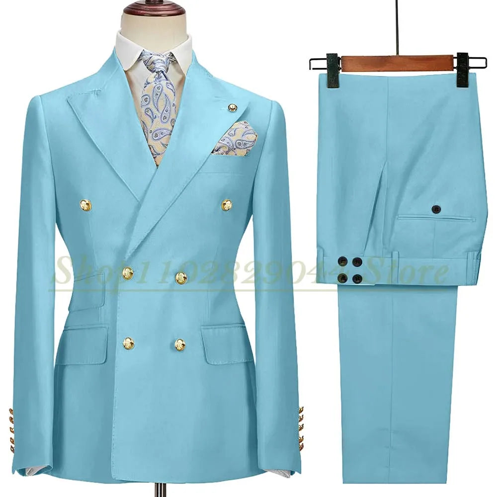 Blazer Hombre Yellow Suits for Men Chic Double Breasted Peak Lapel Elegant Wedding Full Set Male 2 Piece Jacket Pants 031D
