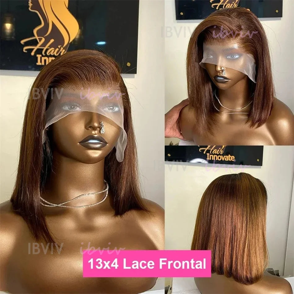 Real 210% Vietnamese Human Hair Lace Frontal Wig Short Bob #2 #4 Brown Chocolate Colored Human Hair Wigs Bleached Knot Lacefront