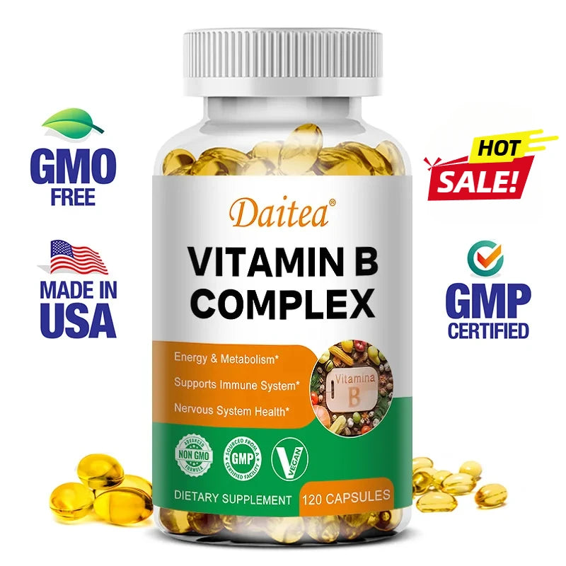 Organic Vitamin B Complex Supports Energy, Immune Health, Antioxidant Supplement - 30/60/120 Vegetarian Capsules