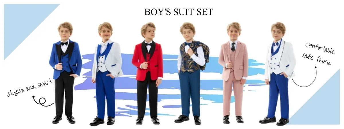 Boys Formal Slim Fit Suit Set 4 Pieces Two Colors Available Fast Delivery Notched Lapel Kids Suits Banquet Party Tuxedo 3-14T