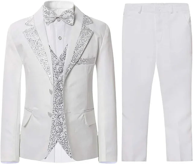 Boys Slim Fit Suits 5 Pieces Set Kids Blazer Vest Pants Shirt Bowtie  Jacket With Gold Rims For Wedding Party Prom
