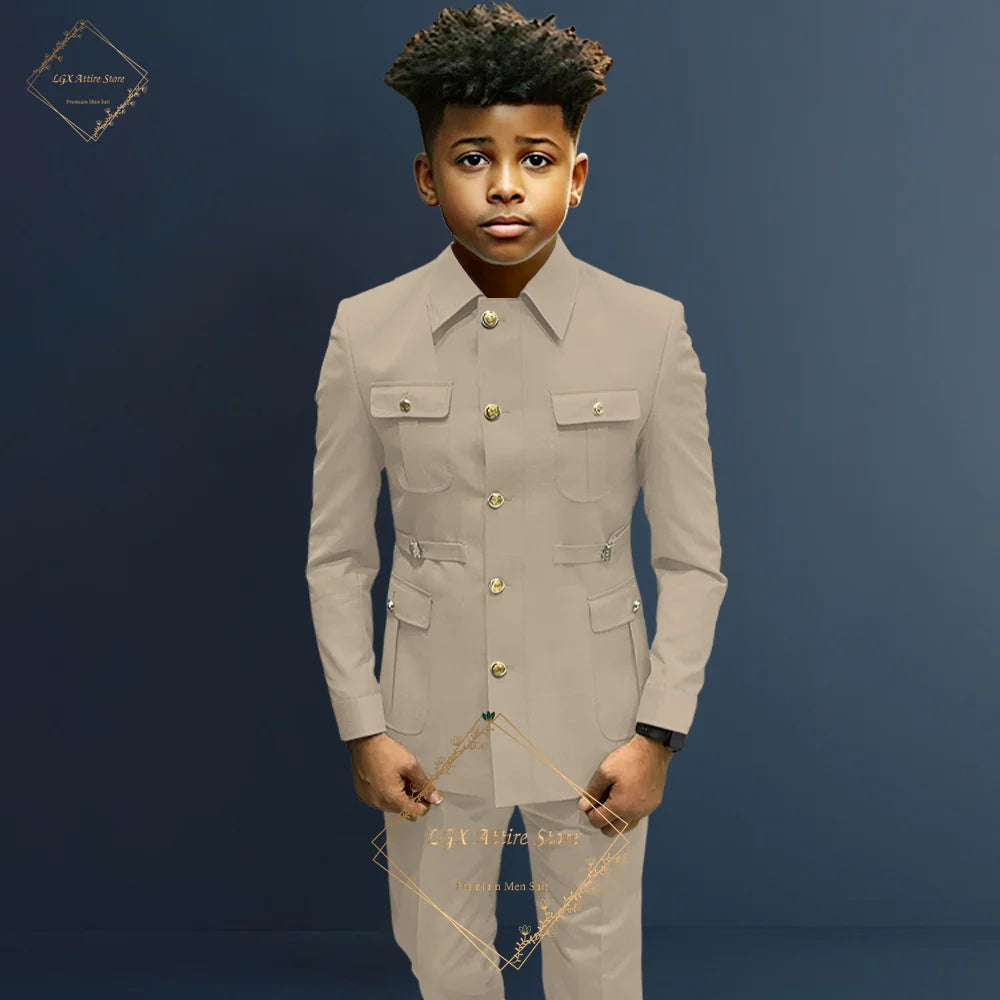 Boys single breasted formal suit 2 piece suit, boys Zhongshan suit style long coat classic design suitable for 2~16 years old