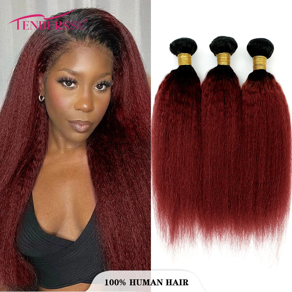 10A Peruvian Virgin Hair Kinky Straight Hair 3 Bundles Dark Root Brown Afro Ombre Yaki Human Hair Wave For Women On Clearance
