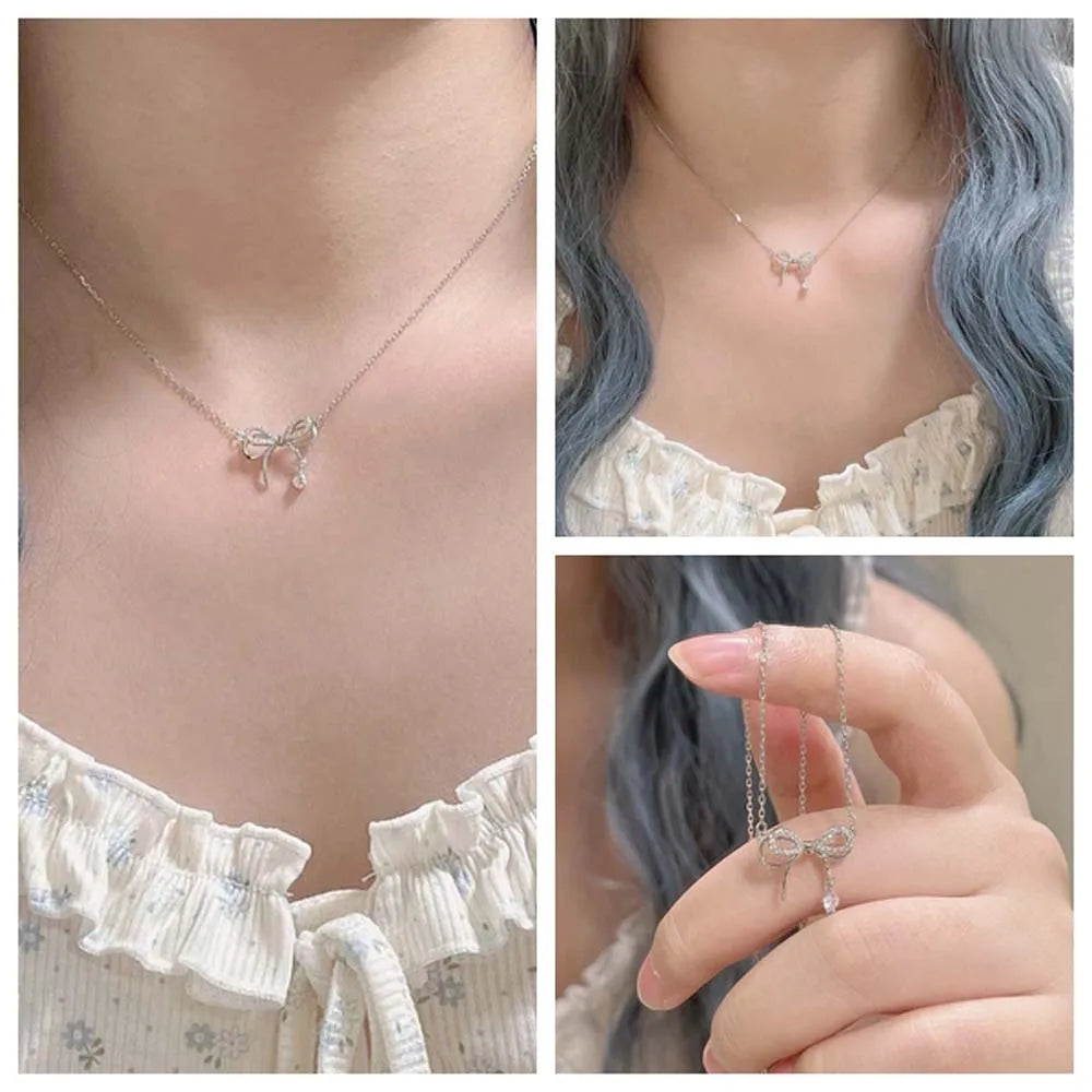 Bowknot Necklaces Jewelry Accessories Silver Bow Clavicle Chain Rhinestone Choker