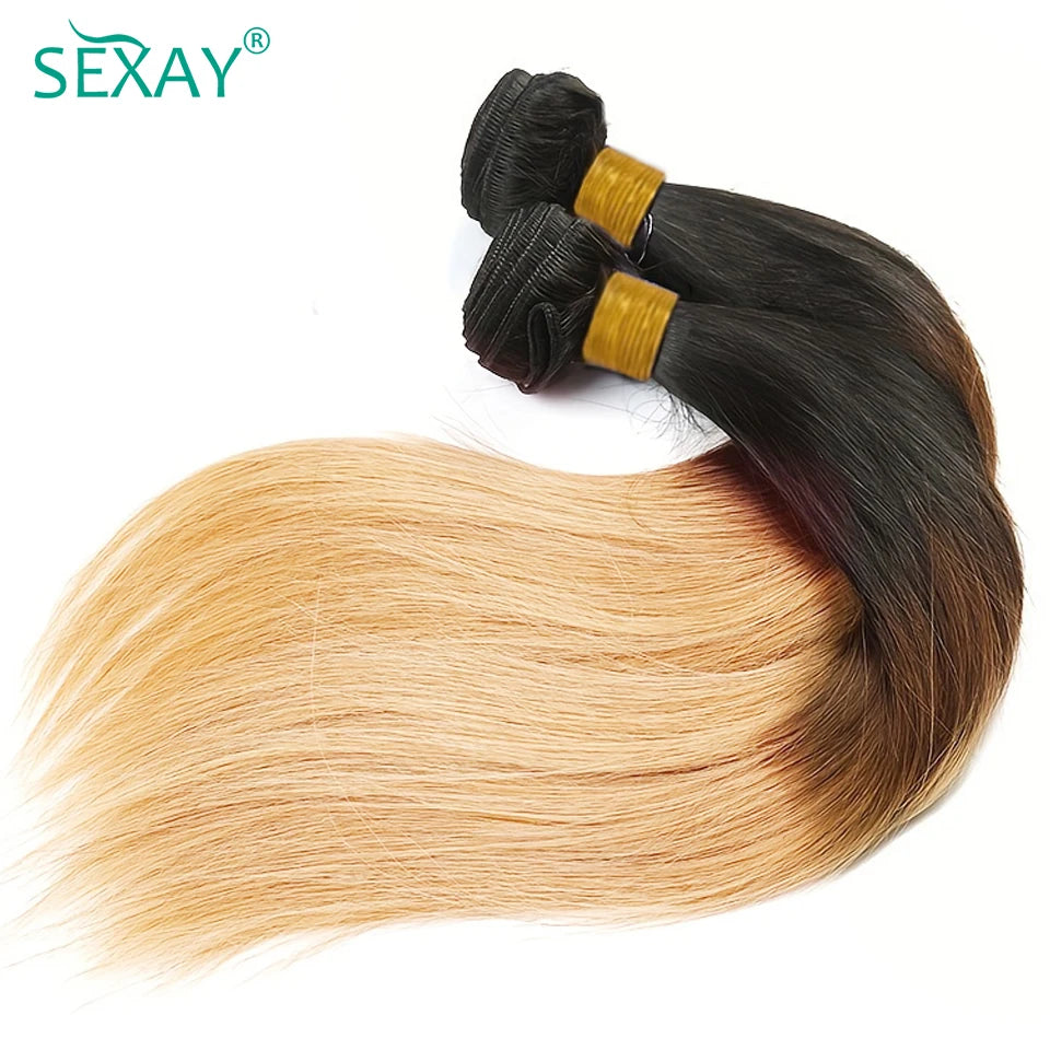 28 30 Inch 1B/4/27 Bone Straight Human Hair Weave Bundles 100% Brazilian Pre Colored Human Hair Extensions 3 Tone Ombre Hair