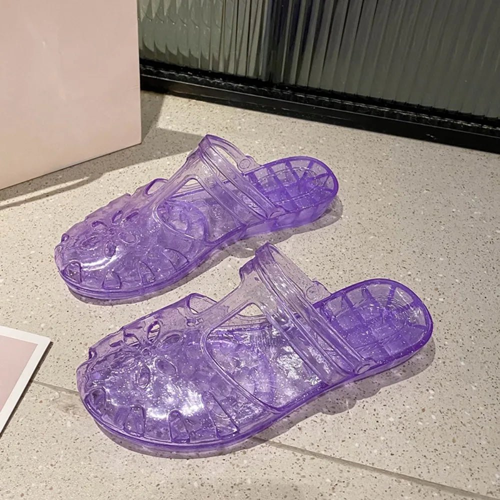 Transparent PVC Crystal Slippers Cover Toe Hollow Flower Flats Slippers Women Beachwear Shoes Anti Slip Slides Sandals Indoor