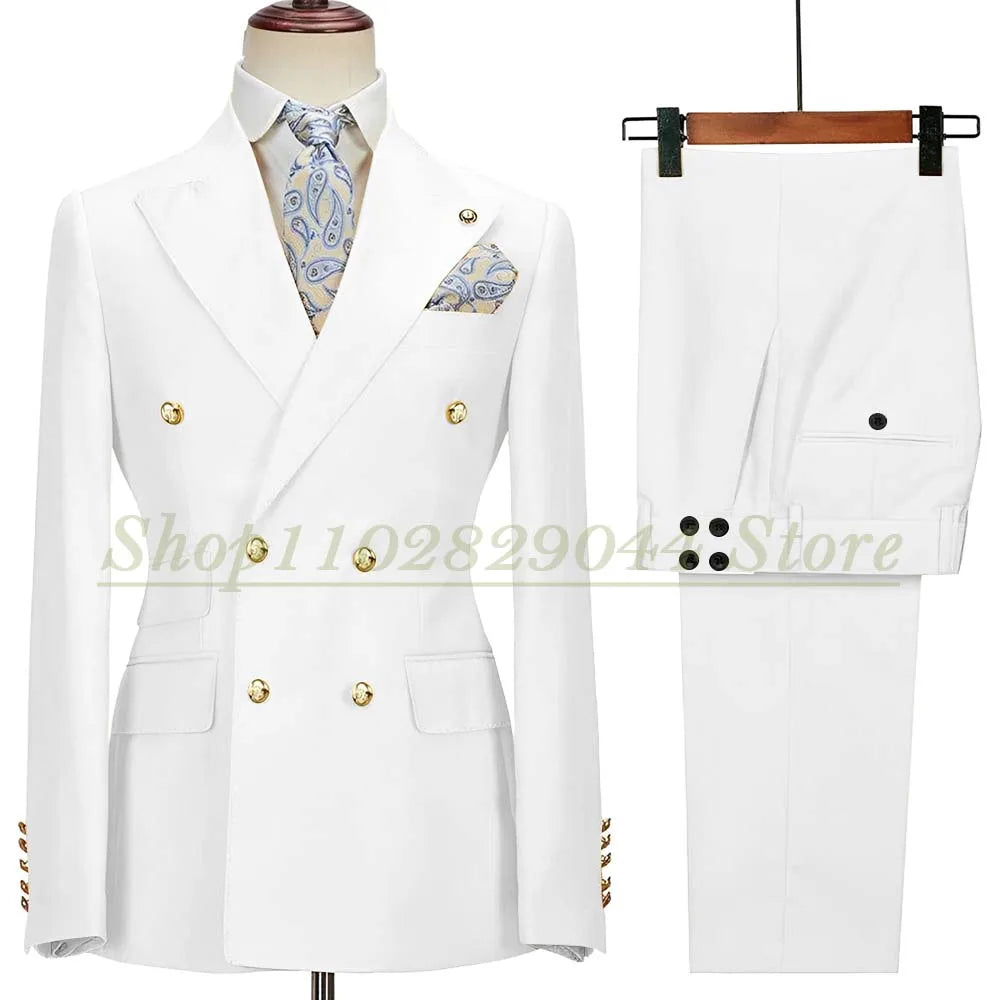 Blazer Hombre Yellow Suits for Men Chic Double Breasted Peak Lapel Elegant Wedding Full Set Male 2 Piece Jacket Pants 031D