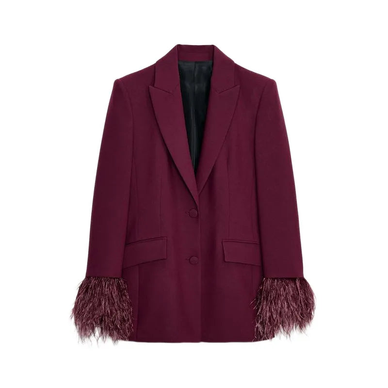Women's Feather Suit Blazer Pants Set Lapel Shoulder Pads Full Sleeve Jackets Pockets Straight Pant 2025 Autumn Lady Suit Street