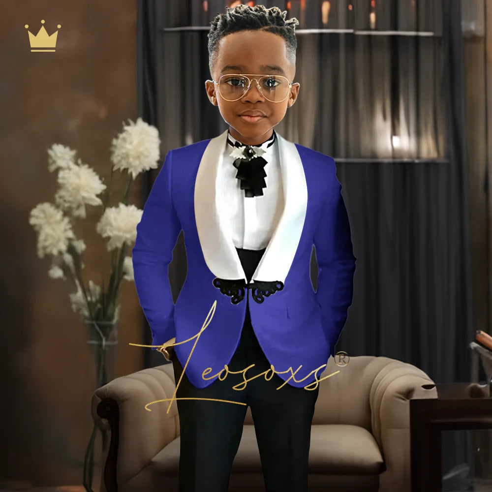 Boys Tuxedo Suit 2 Piece Set, Fashion Black Butterfly Button Jacquard Jacket Black Pants Elegant Slim Wedding Party Formal Wear