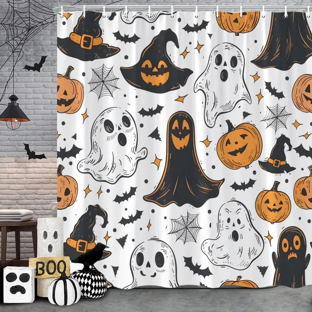 Spooky Horror Halloween Skeleton Crow Shower Curtain Black Bat Black Cat Polyester Fabric Bath Curtain Bathroom Decor With Hooks