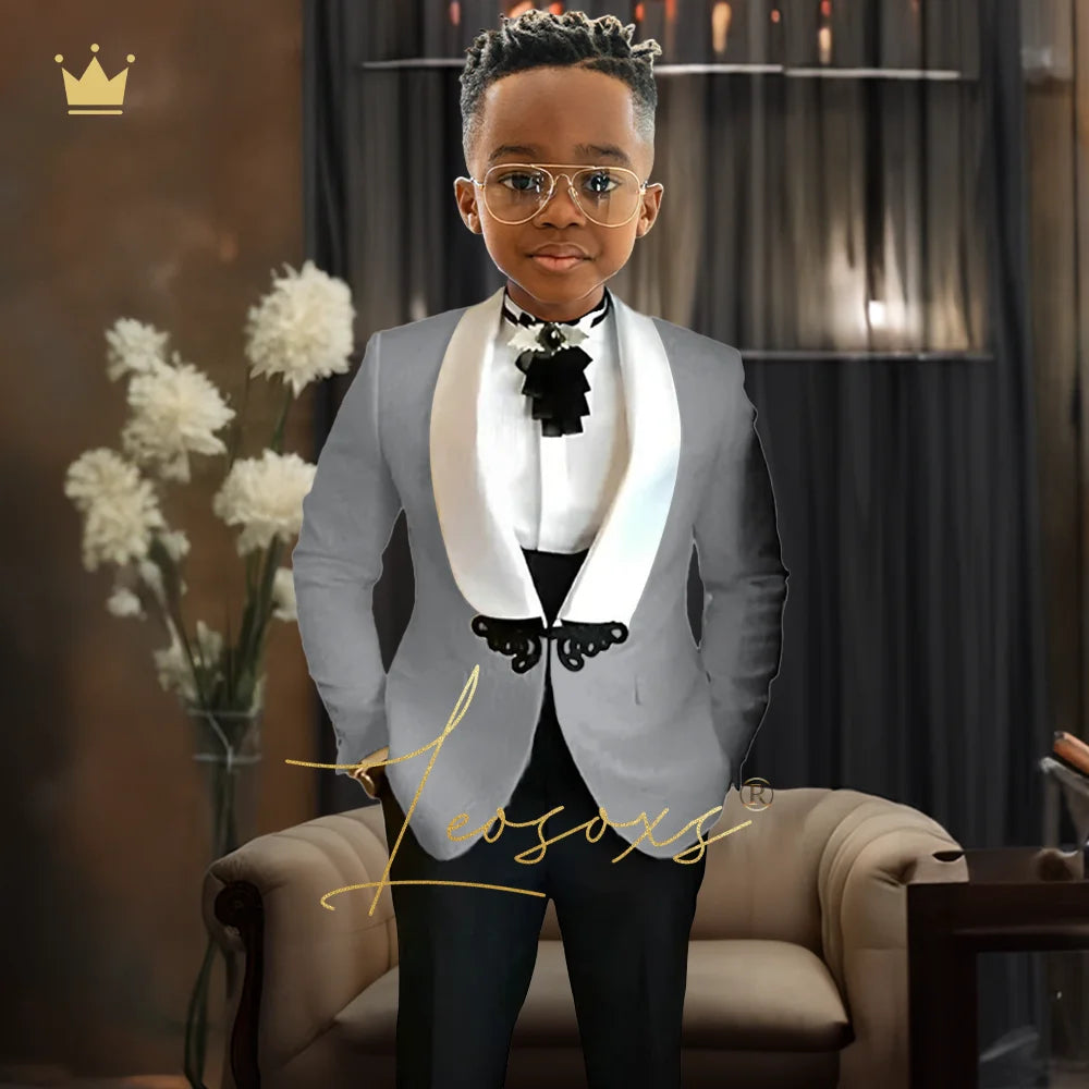 Boys Tuxedo Suit 2 Piece Set, Fashion Black Butterfly Button Jacquard Jacket Black Pants Elegant Slim Wedding Party Formal Wear