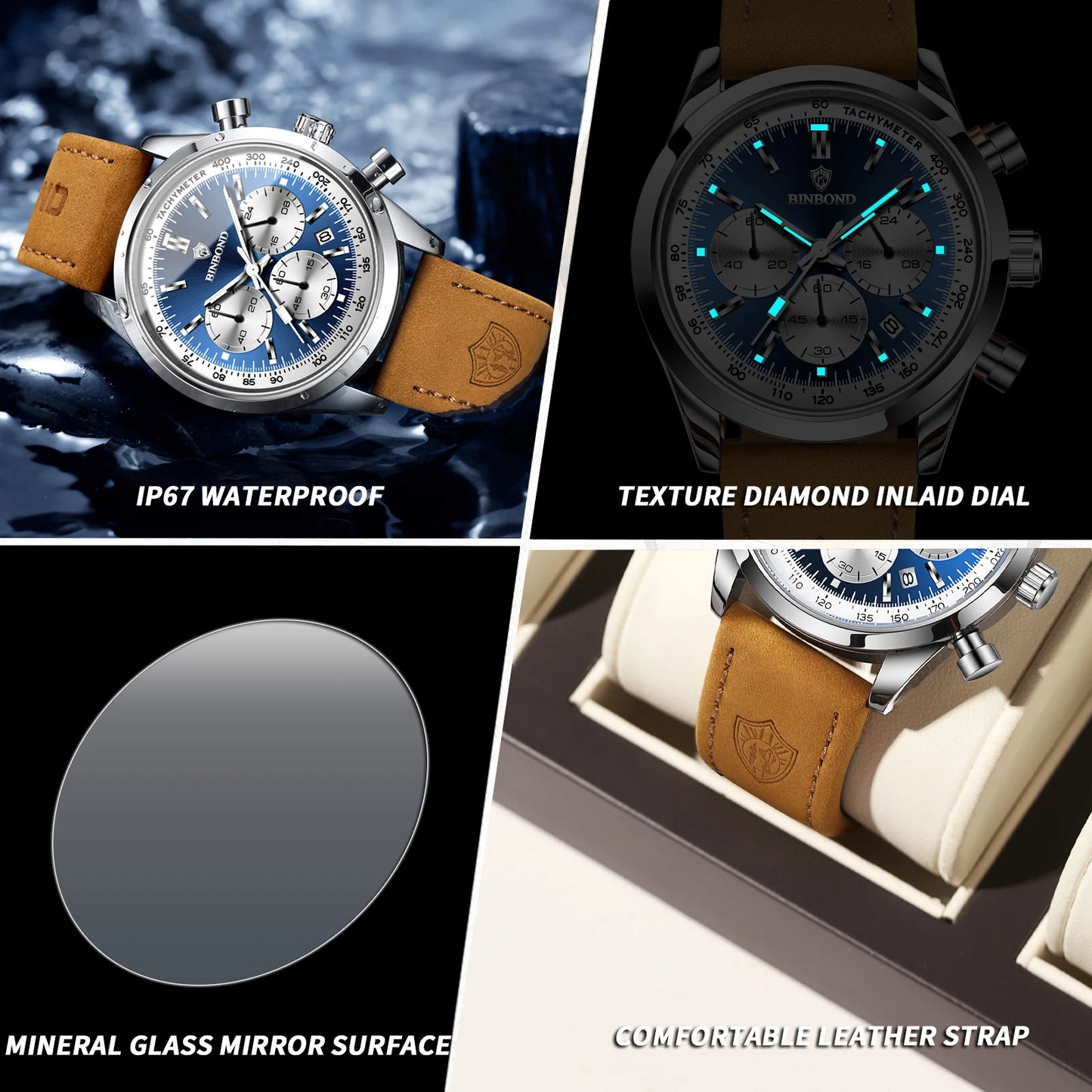 BINBOND B380 Top Luxury Leather Quartz Men's Watch Luminous Waterproof Fashion Casual Multi Functional Timer Business Men Watch