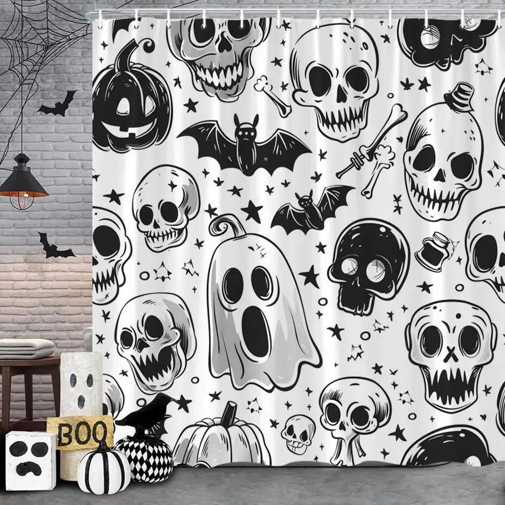Spooky Horror Halloween Skeleton Crow Shower Curtain Black Bat Black Cat Polyester Fabric Bath Curtain Bathroom Decor With Hooks