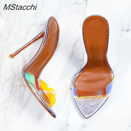 Pvc Transparent Shoes For Women's Sandals 2025 Summer Sexy Slippers Pointe Toe Thin Heels Stiletto Sandals Big Size Women Shoes
