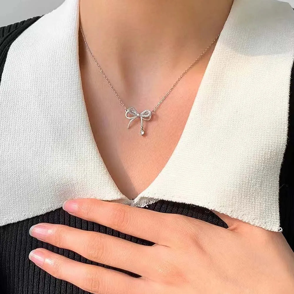 Bowknot Necklaces Jewelry Accessories Silver Bow Clavicle Chain Rhinestone Choker