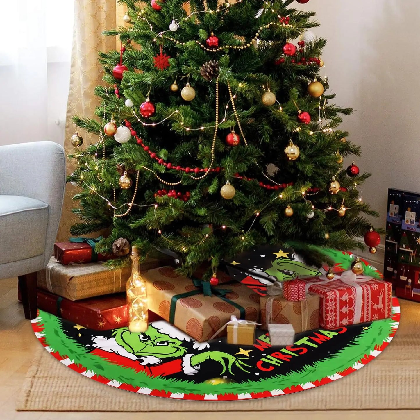 VIKAMA Christmas Tree Skirt Christmas Decorations Soft Red Green Christmas Decor Mat for Xmas Home Holiday Decorations