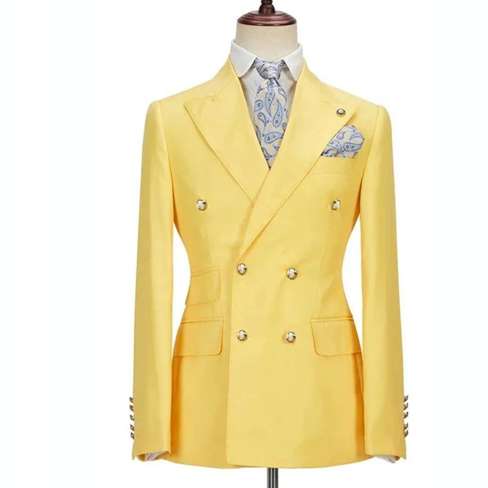 Blazer Hombre Yellow Suits for Men Chic Double Breasted Peak Lapel Elegant Wedding Full Set Male 2 Piece Jacket Pants 031D