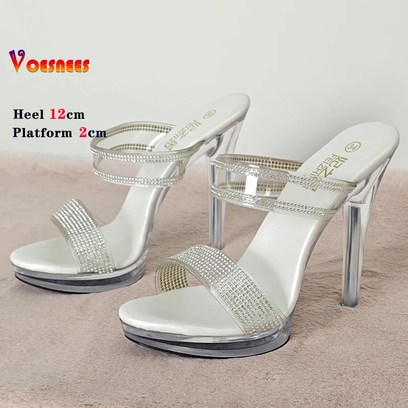Transparent Slippers Ladies Clear PVC High Heeled Slippers Open Toe Daily Woman Sandals 12cm Sexy Show Crystal Shoes High Heels