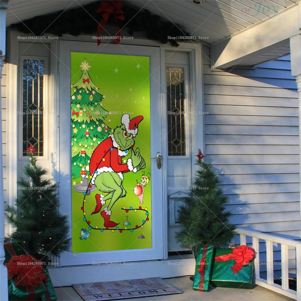 Christmas Green Haired Monster Door Cover Background Cloth Banner Christmas Party Scene Decoration Door Cover