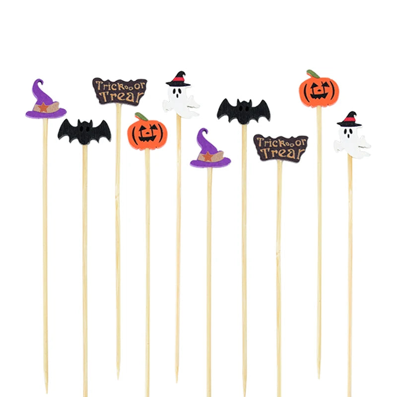 50/100Pcs Halloween Party Toothpicks Disposable Bamboo Skewers Pumpkin Ghost Fruit Fork Cake Dessert Cocktail Stick Decorations