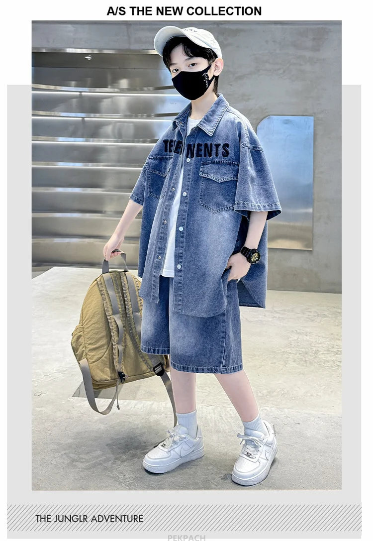 Boys Denim Suit Summer Clothes New Children's Short Sleeve Shirt + Shorts Sports Korean Tracksuit Sets Kids Luxury Clothing Suit