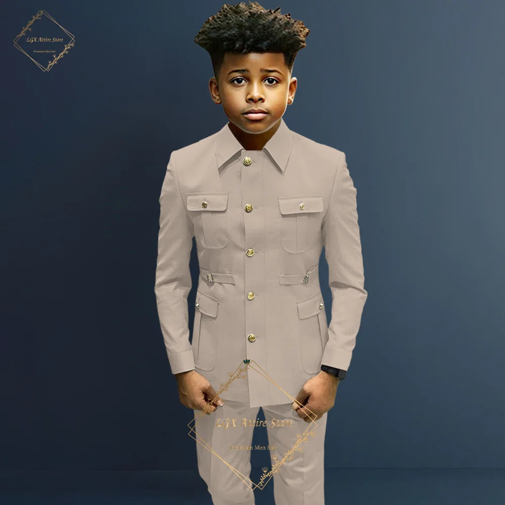 Boys single breasted formal suit 2 piece suit, boys Zhongshan suit style long coat classic design suitable for 2~16 years old