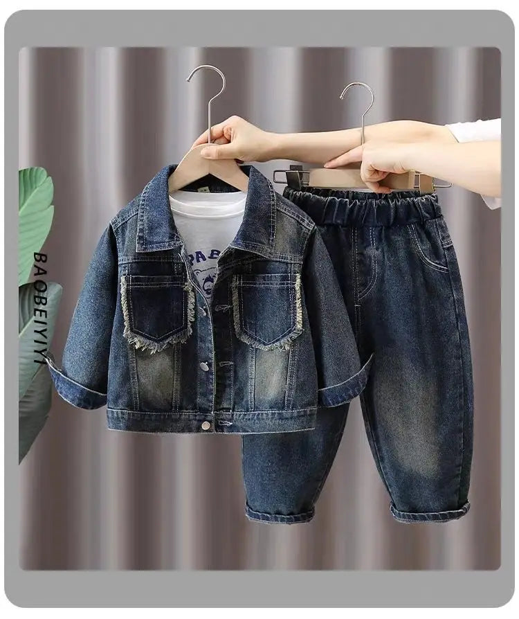 Boys Denim Suit Spring 2025 Spring Autumn New Style Children's Western-style Coat Boys' Fashionable Explosive Street 2 Piece Set