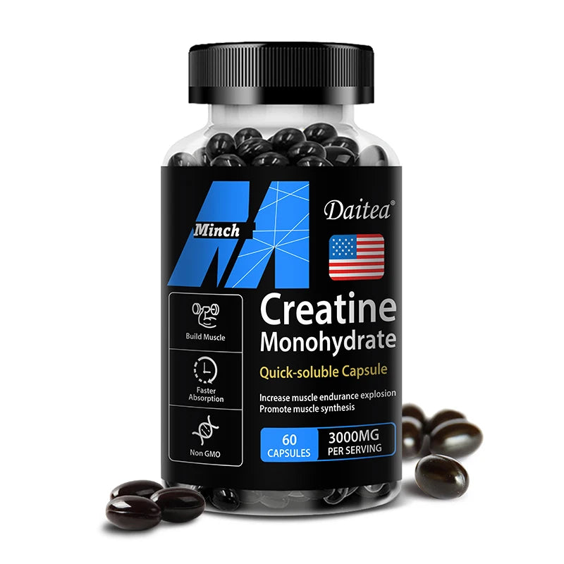 Creatine Monohydrate - Promotes Muscle Mass, Muscle Strength and Athletic Performance, 30/60/120 Capsules, Non-GMO, Gluten-Free