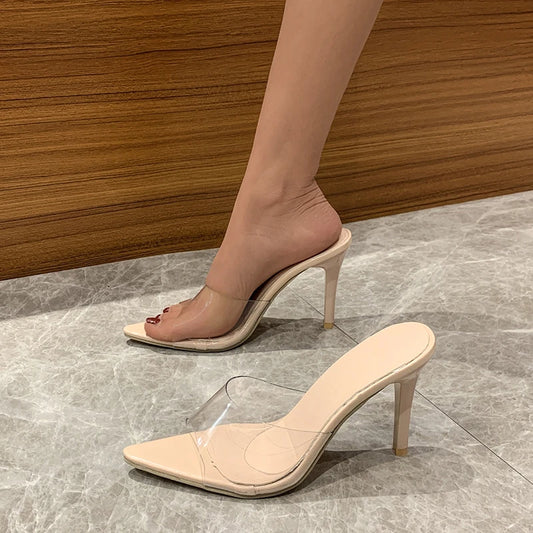 Trendy Sexy Heeled Ladies Pointed Open Toe Slip on Party Stiletto High Heel Clear Mule Slides Woman Nude Transparent Shoes