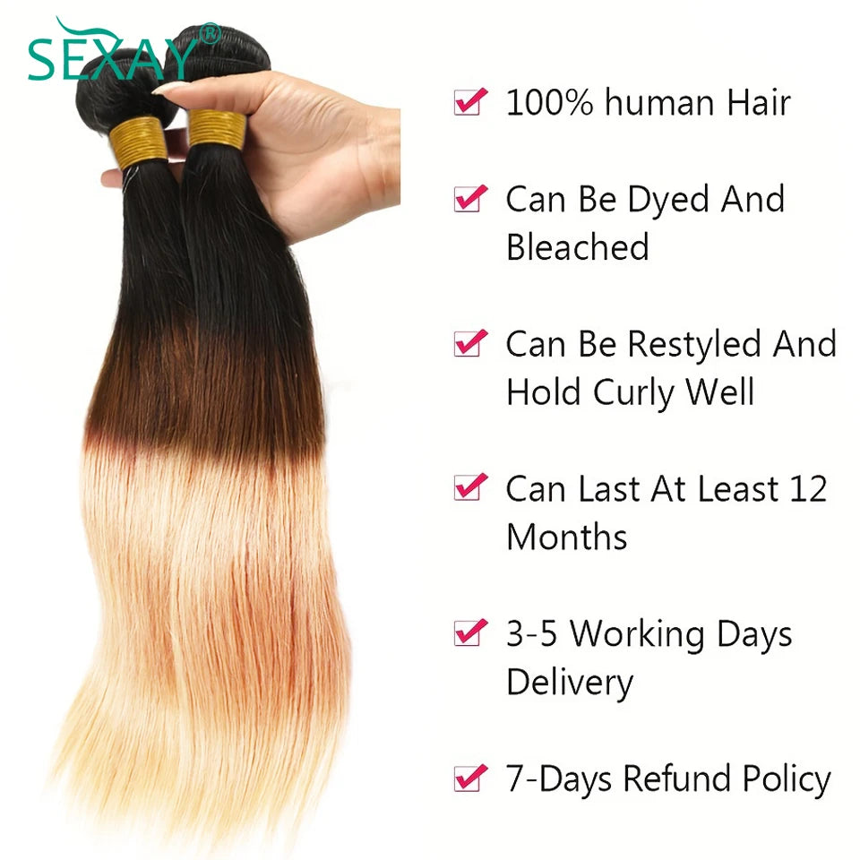 28 30 Inch 1B/4/27 Bone Straight Human Hair Weave Bundles 100% Brazilian Pre Colored Human Hair Extensions 3 Tone Ombre Hair