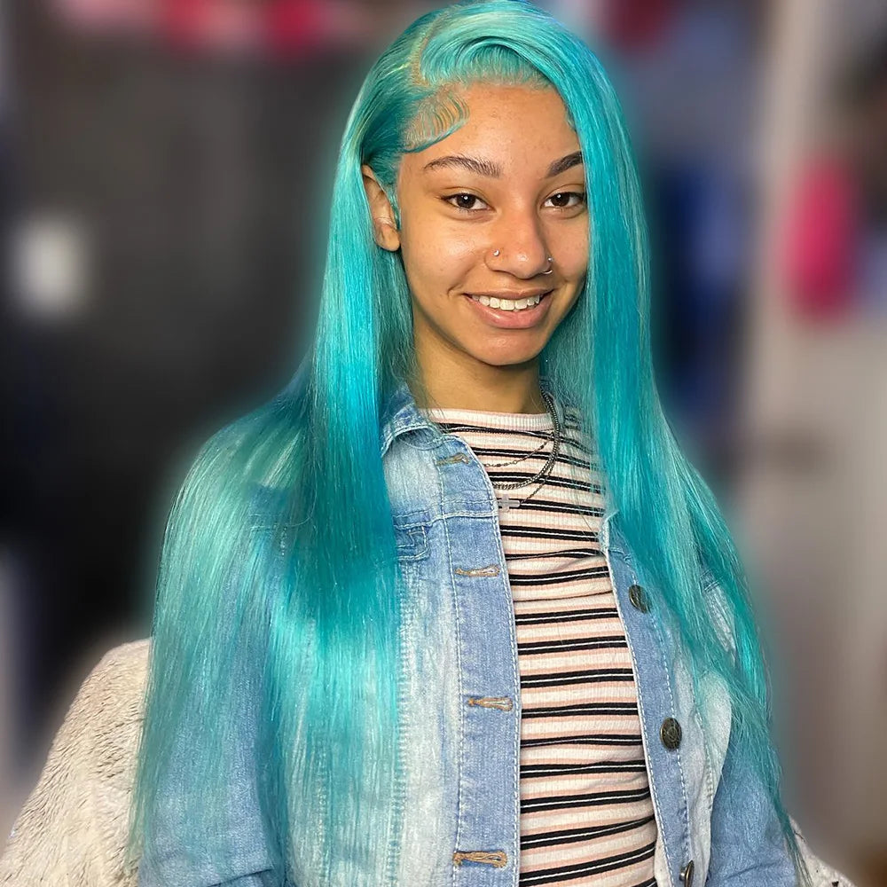 Bone Straight 13x6 Lace Front Human Hair Wigs For Women Light Blue Lace Frontal Wig Pre-Plucking Cyan Green Human Hair Wigs