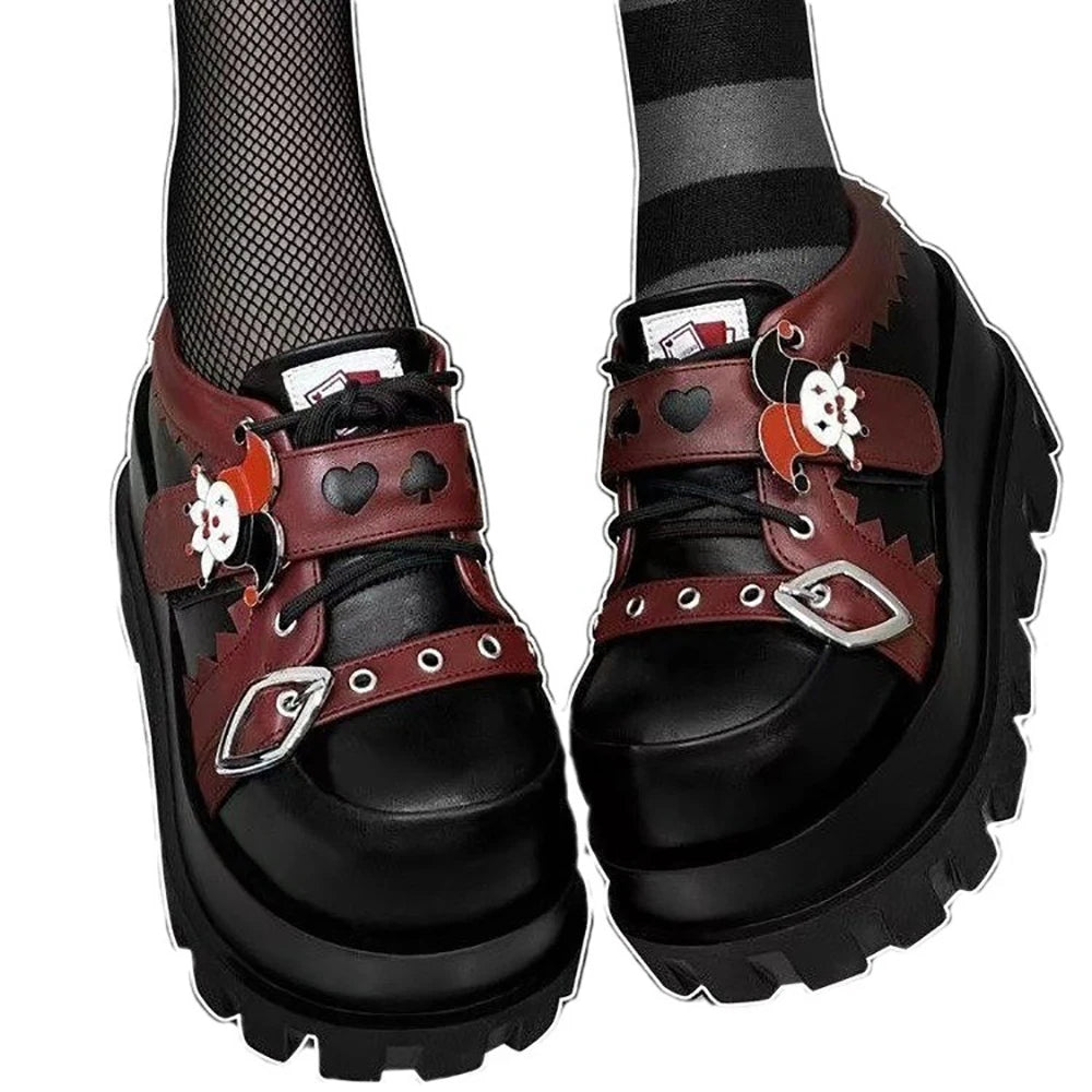 Street Style Girls Lolita Gothic Platform Shoes,Female Poker Joker Clown Decoration Elevator Shoes Halloween Gift