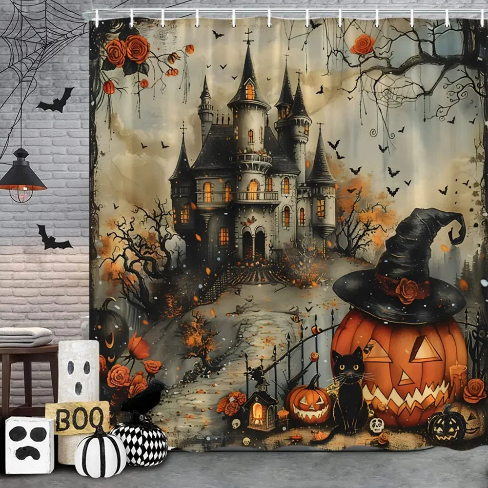Spooky Horror Halloween Skeleton Crow Shower Curtain Black Bat Black Cat Polyester Fabric Bath Curtain Bathroom Decor With Hooks