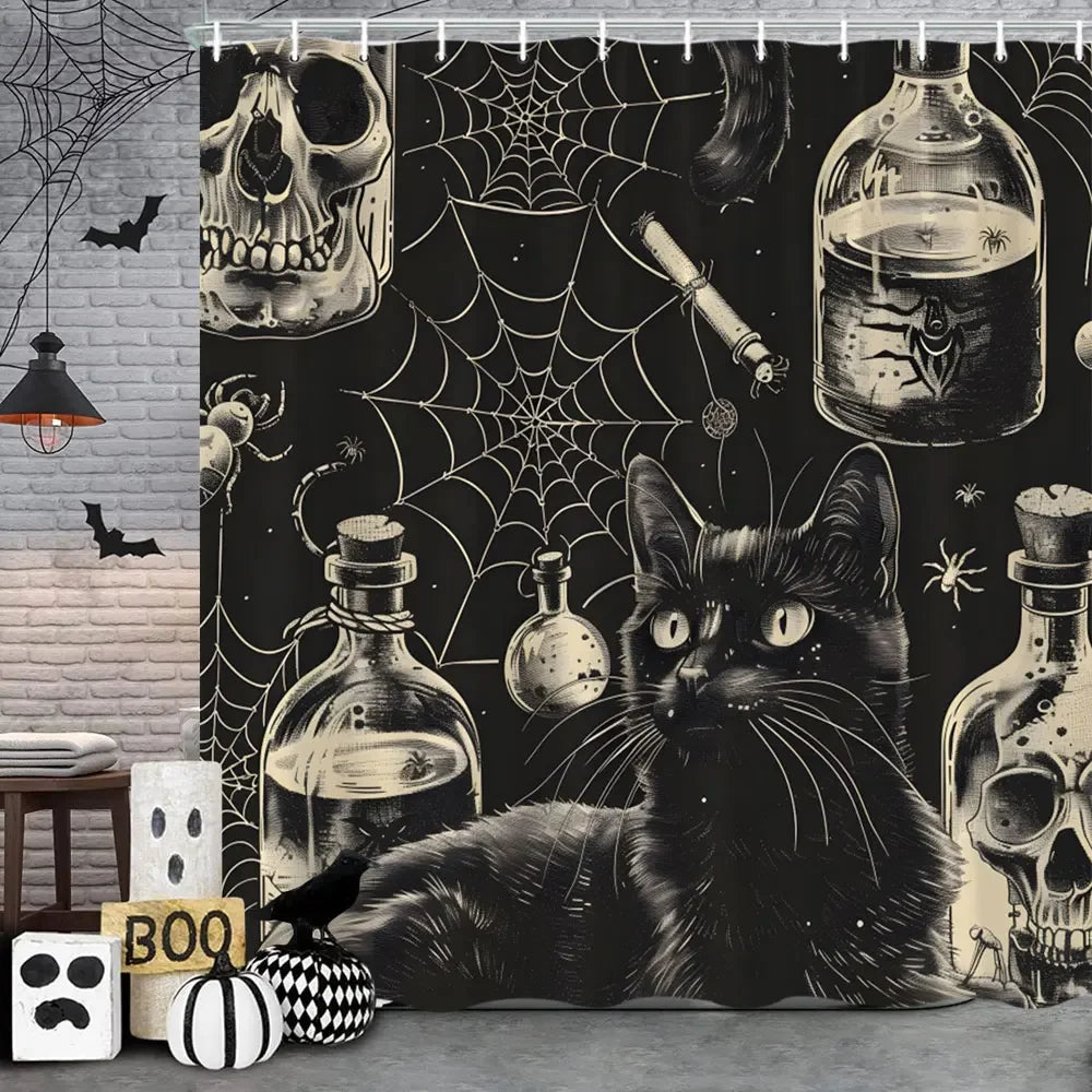 Spooky Horror Halloween Skeleton Crow Shower Curtain Black Bat Black Cat Polyester Fabric Bath Curtain Bathroom Decor With Hooks