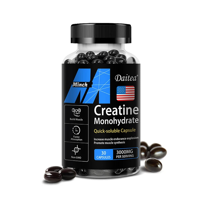 Creatine Monohydrate - Promotes Muscle Mass, Muscle Strength and Athletic Performance, 30/60/120 Capsules, Non-GMO, Gluten-Free