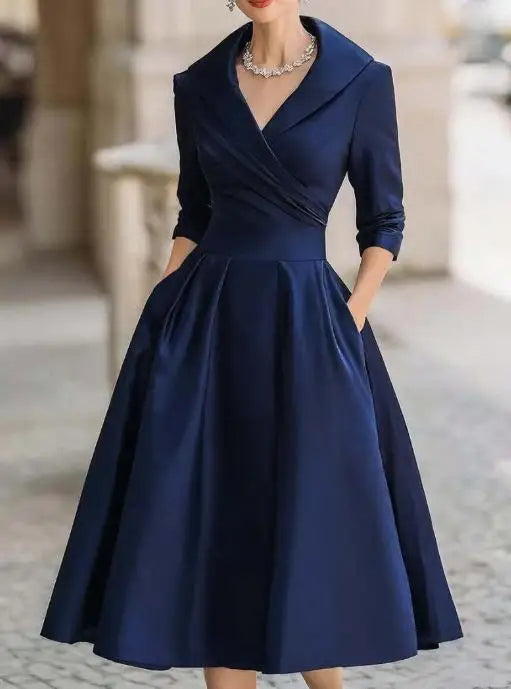 Women's Dress 2025 Elegant Temperament Waist Tied Dress Autumn Lapel Solid Color High Waist Slim Fit Long Sleeved Banquet Dress