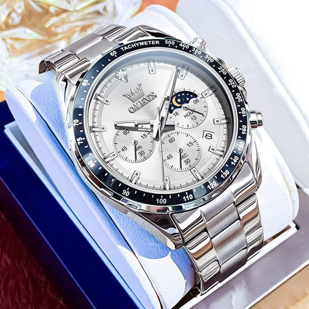 OLEVS Men's Watches Fashion Sports Green Watch For Men Multifunctional Quartz Wristwatches Men Waterproof Leather reloj hombre