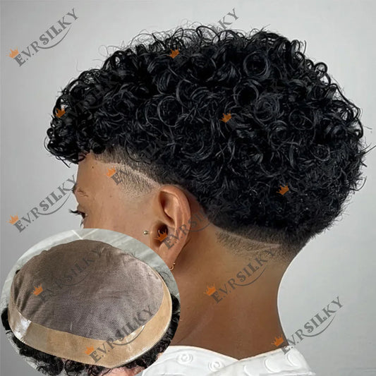 Undetectable European Human Hair 18mm Curly Men Toupee Durable Fine Mono 20mm 28mm Curly Prosthesis Capillary Natural Frontline