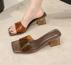 Crystal Clear Transparent Slippers Female Shoes Middle Heels Comfortable New Summer Women Shoes Woman Fashion Cool Mules Slides