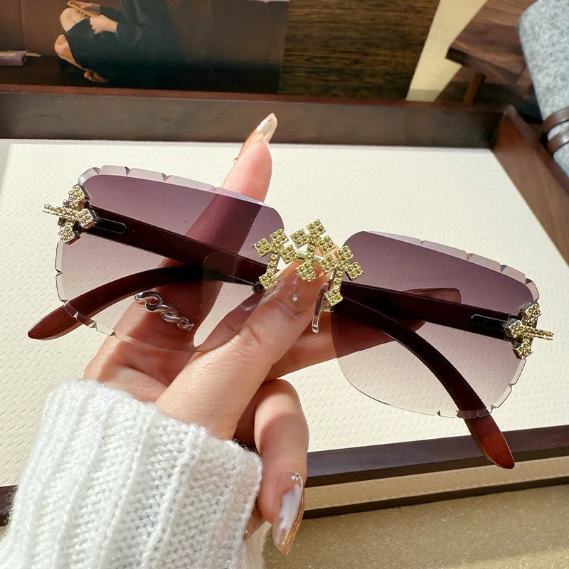 Women's Fashionable Frameless Edged Sunglasses Square Frame Lace Diamond-set Fashionable Glasses 90324