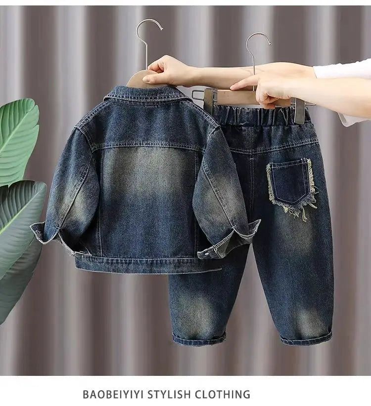 Boys Denim Suit Spring 2025 Spring Autumn New Style Children's Western-style Coat Boys' Fashionable Explosive Street 2 Piece Set