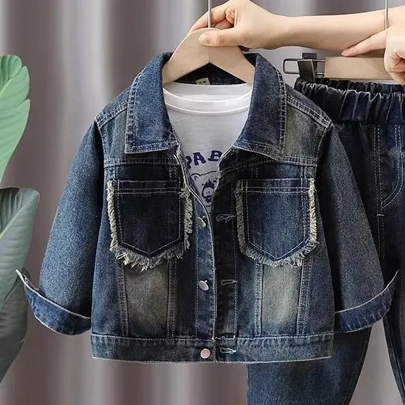 Boys Denim Suit Spring 2025 Spring Autumn New Style Children's Western-style Coat Boys' Fashionable Explosive Street 2 Piece Set
