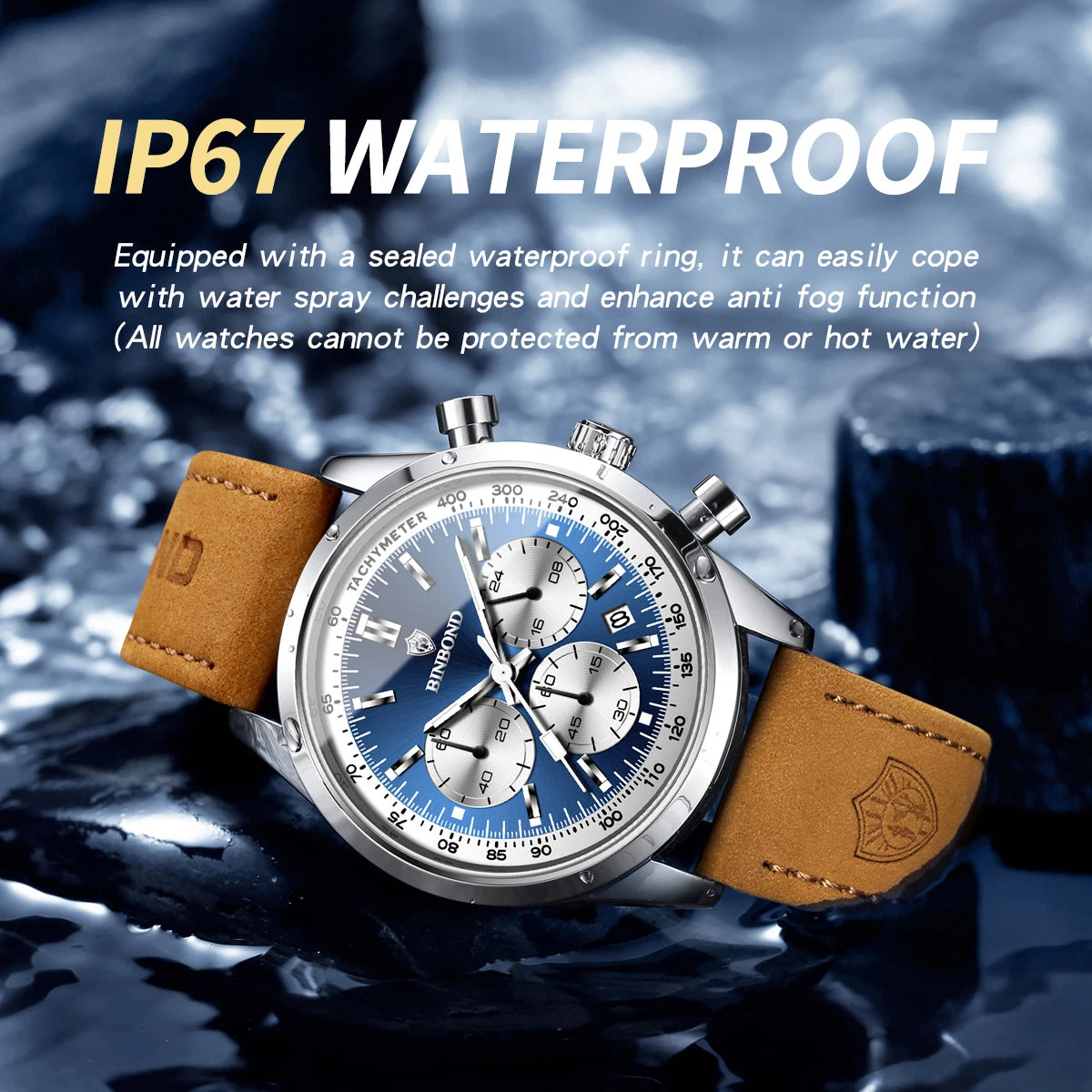 BINBOND B380 Top Luxury Leather Quartz Men's Watch Luminous Waterproof Fashion Casual Multi Functional Timer Business Men Watch