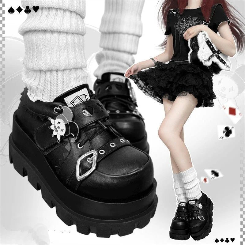 Street Style Girls Lolita Gothic Platform Shoes,Female Poker Joker Clown Decoration Elevator Shoes Halloween Gift