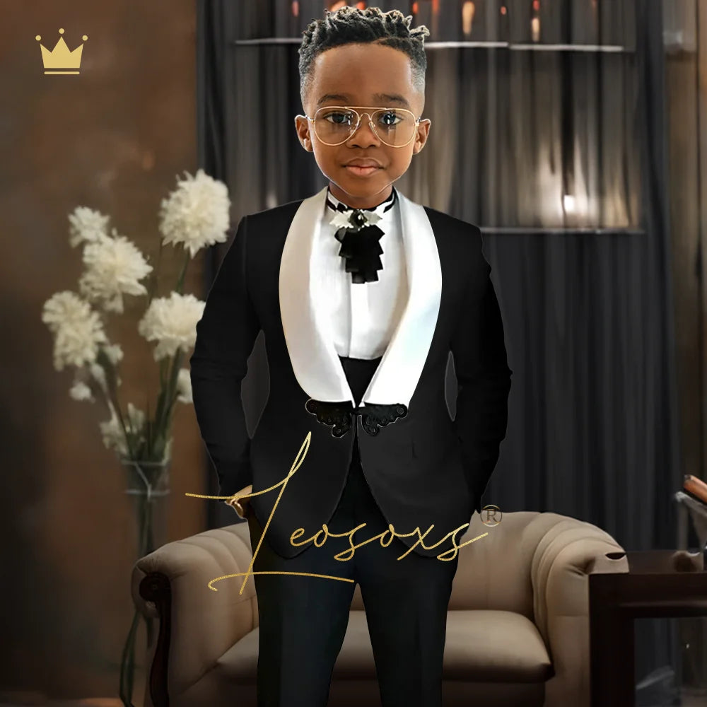 Boys Tuxedo Suit 2 Piece Set, Fashion Black Butterfly Button Jacquard Jacket Black Pants Elegant Slim Wedding Party Formal Wear