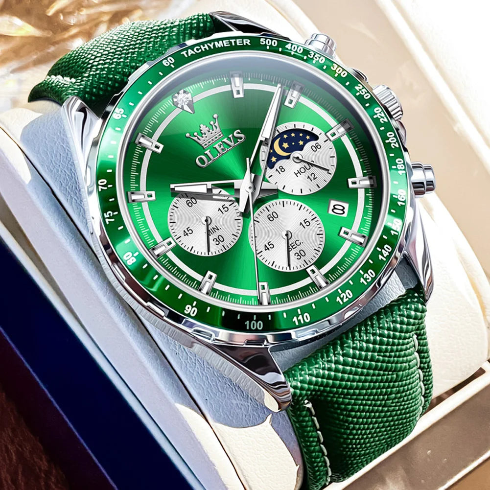 OLEVS Men's Watches Fashion Sports Green Watch For Men Multifunctional Quartz Wristwatches Men Waterproof Leather reloj hombre