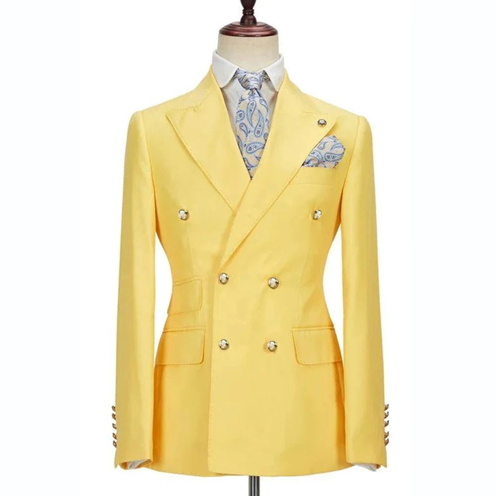 Blazer Hombre Yellow Suits for Men Chic Double Breasted Peak Lapel Elegant Wedding Full Set Male 2 Piece Jacket Pants 031D